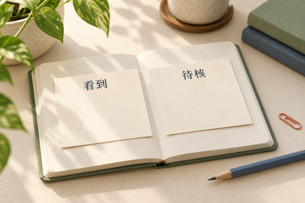 看到与待核两张纸卡放在空白笔记本上，旁边有盆栽