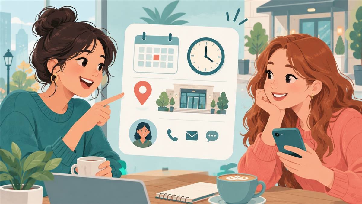 聚会安排包含日期地点入口和联系人信息的示意图