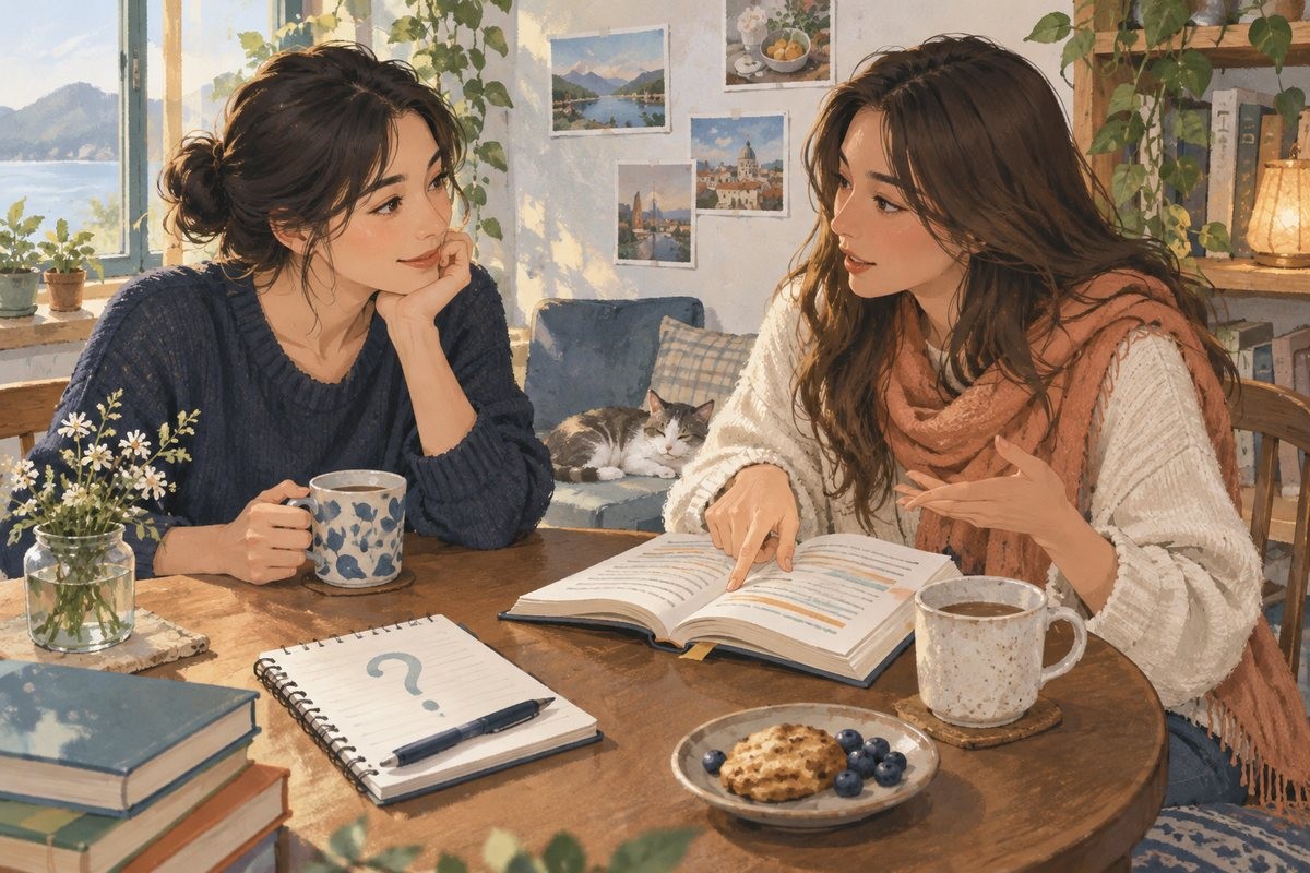 朋友围绕同一段材料讨论不同理解，并记录一个后续核实问题
